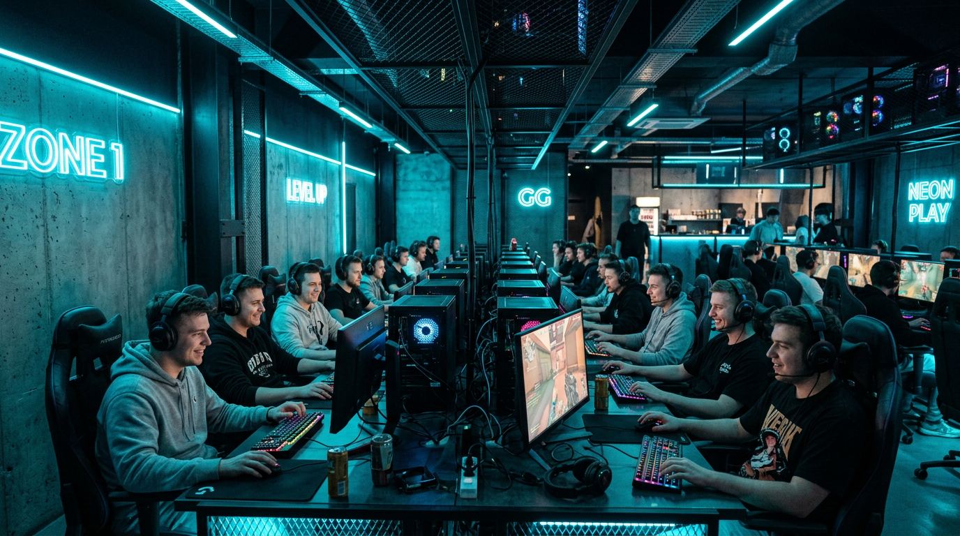 Standard games zone with multiple PC stations and cyan neon lighting
