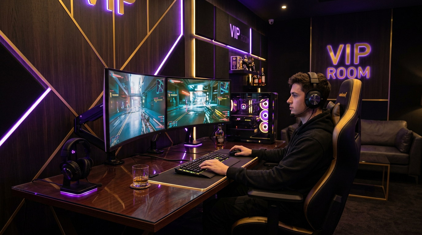 VIP private games suite with purple and gold ambient lighting